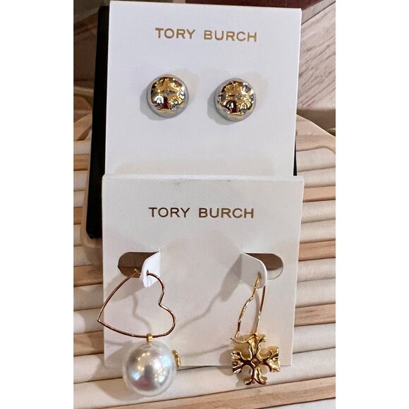 SET OF 2!!  TORY BURCH LOGO STUD AND DROP EARRING SET - Picture 1 of 6